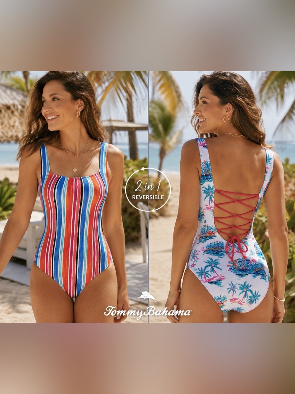 Tommy‎ Bahama Island Cays Tropical Oasis Reversible Lace-Back Swimsuit Size 4